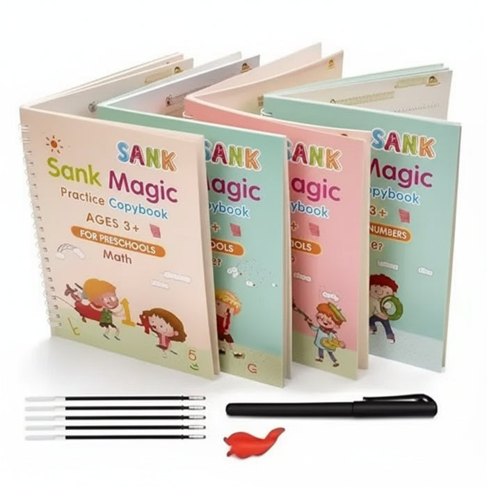 Magic Practice Copybook Set for Kids | 4 Reusable Handwriting Books with 10 Refills, Pen & Grip | Alphabet, Numbers, Drawing & Math Learning Activity Books