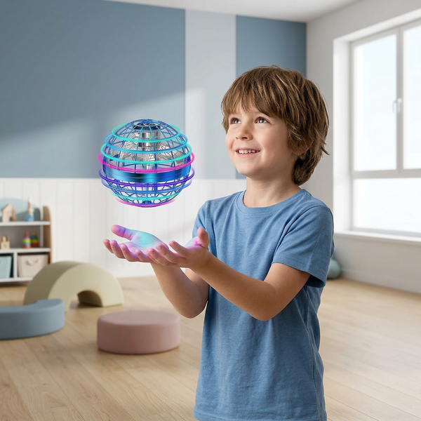 AI-generated lifestyle illustration: boy playing with a flying ball