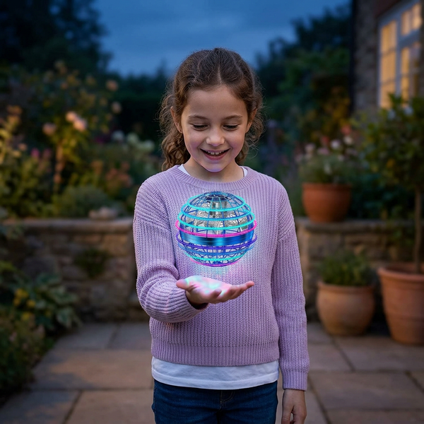 AI-generated lifestyle illustration: girl playing with a flying ball in a garden