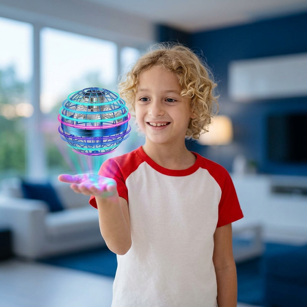 AI-generated lifestyle illustration: girl playing indoors with a glowing flying ball