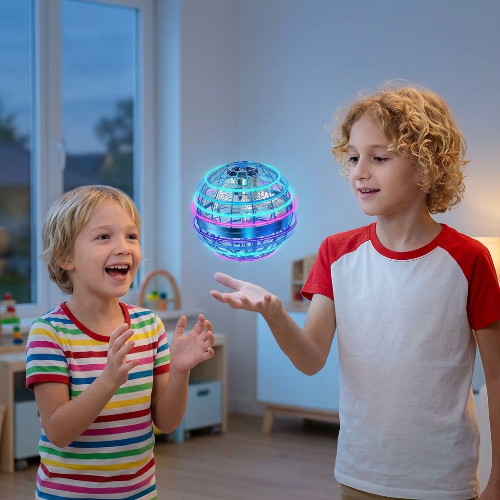 AI-generated lifestyle illustration: friends launching a flying ball together