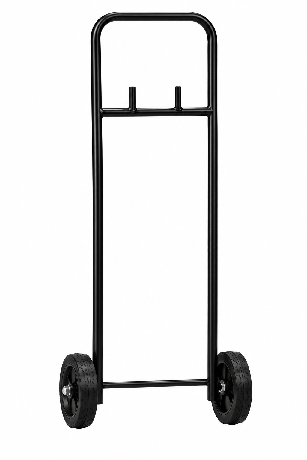 Black LPG cylinder trolley with tall handle and two wheels