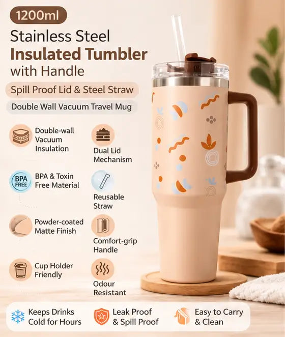 Cute Aesthetic Stainless Steel Handle Tumbler – Reusable Travel Cup with Straw for Hot & Cold Beverages