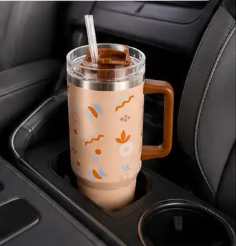 Cute Aesthetic Stainless Steel Handle Tumbler – Reusable Travel Cup with Straw for Hot & Cold Beverages