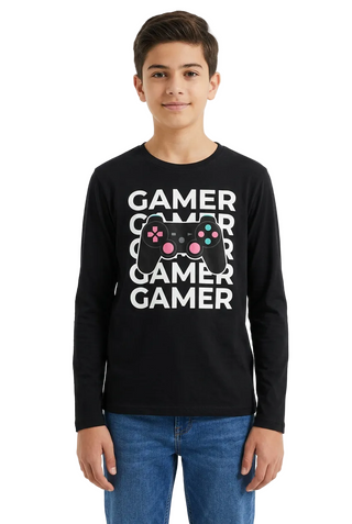 Boy wearing a black full-sleeve gamer graphic T-shirt on a white background.