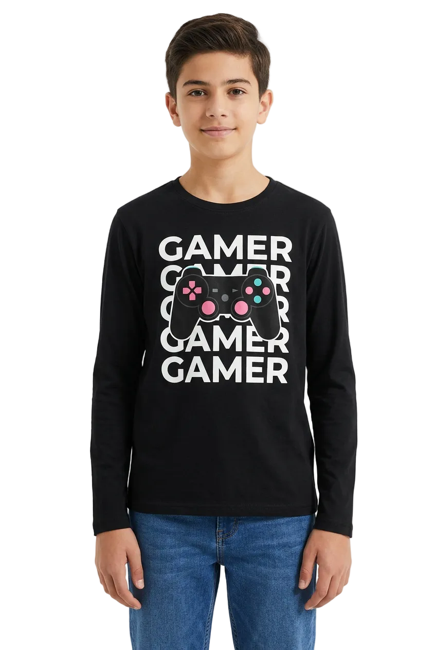 Boy wearing a black full-sleeve gamer graphic T-shirt on a white background.