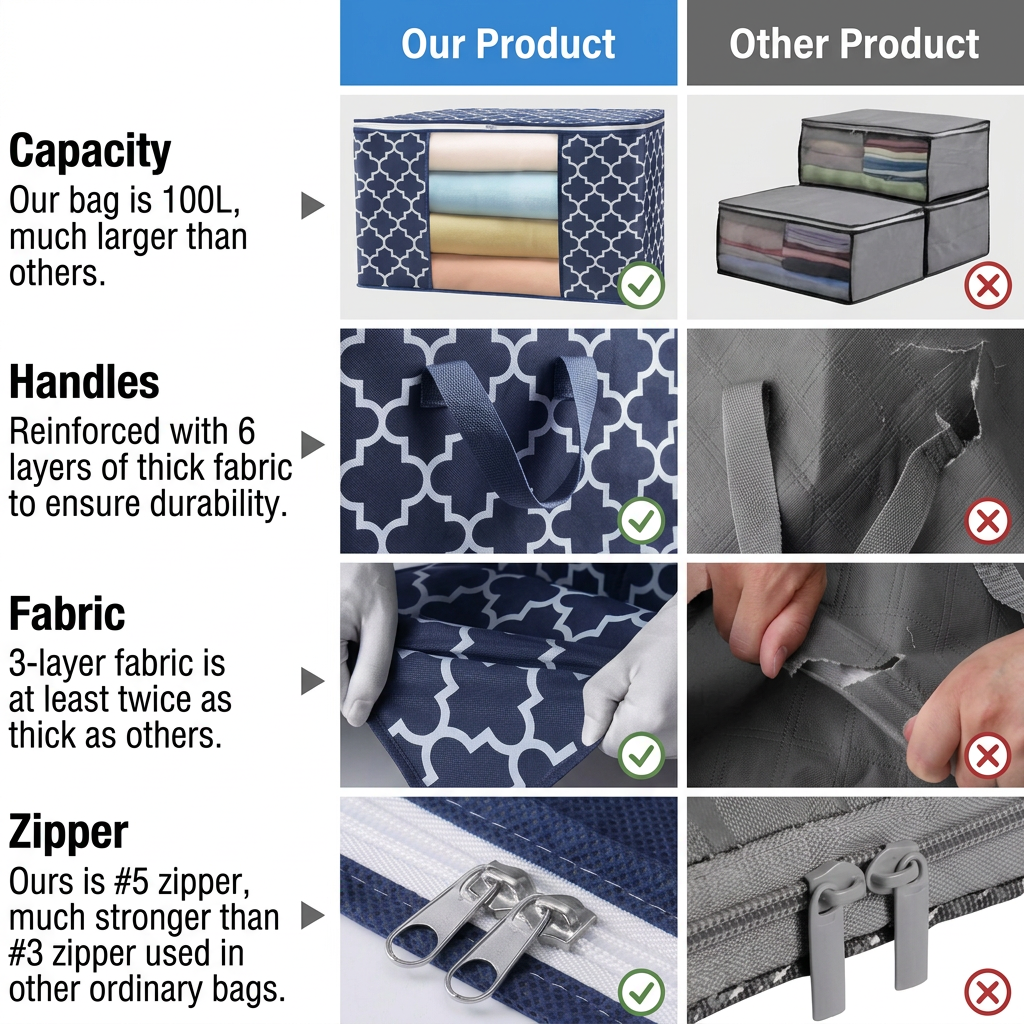 Feature comparison chart highlighting 100L capacity, reinforced handles, 3-layer fabric, and #5 zipper