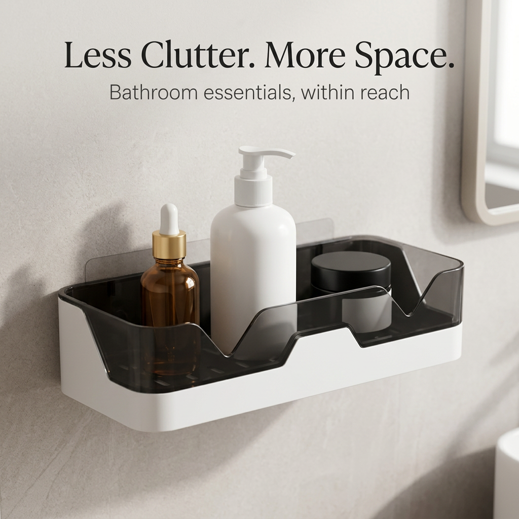 Bathroom shelf lifestyle scene with Less Clutter More Space message