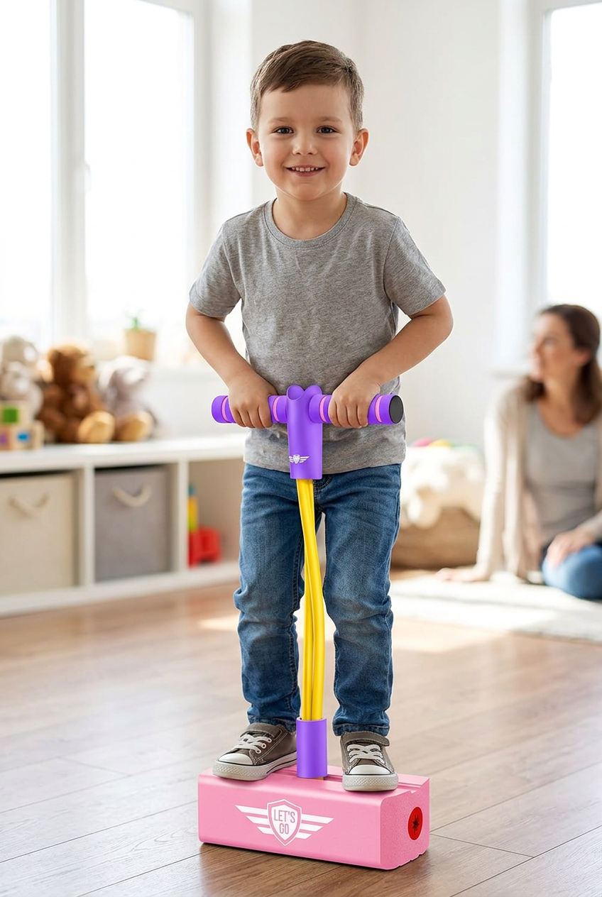 AI-generated illustration of a boy using a pink foam pogo jumper with purple handle and yellow cords