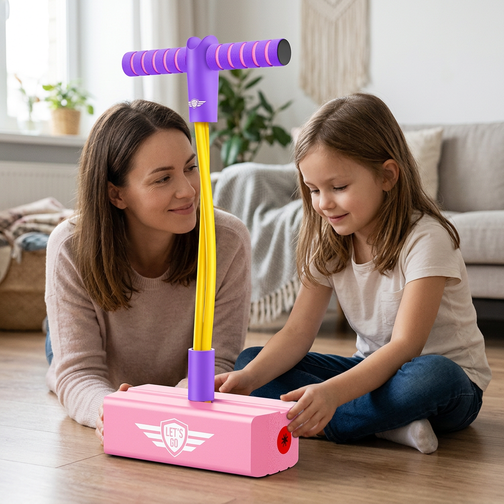 AI-generated illustration of a mother and daughter with a foam pogo jumper