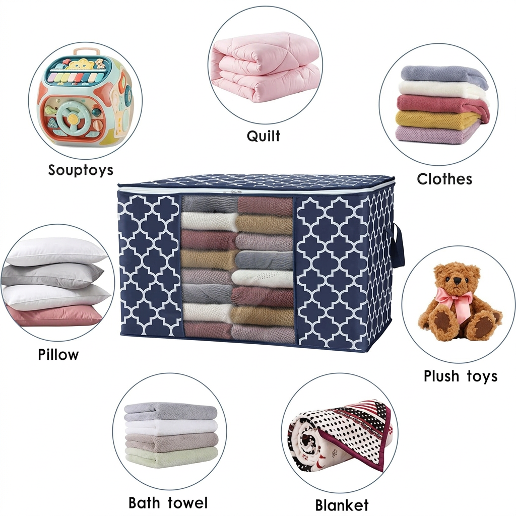 Storage bag surrounded by icons of items it can hold: quilts, clothes, pillows, plush toys, bath towels, and blankets