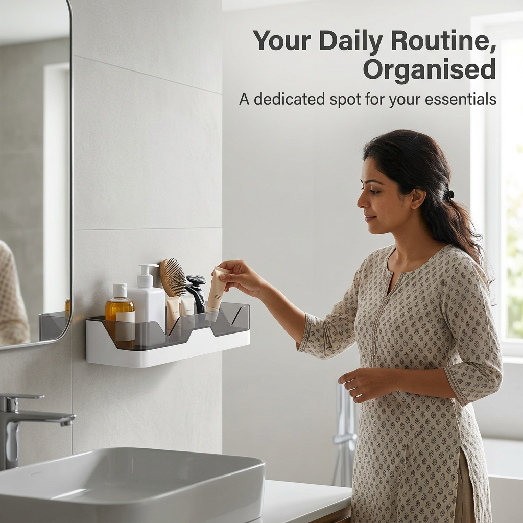 Woman reaching for skincare from a wall-mounted bathroom shelf