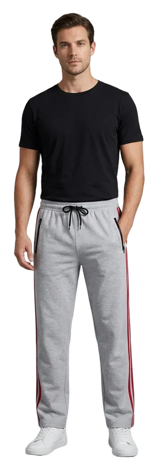 AI-generated sporty editorial styling of gray side-stripe track pants.