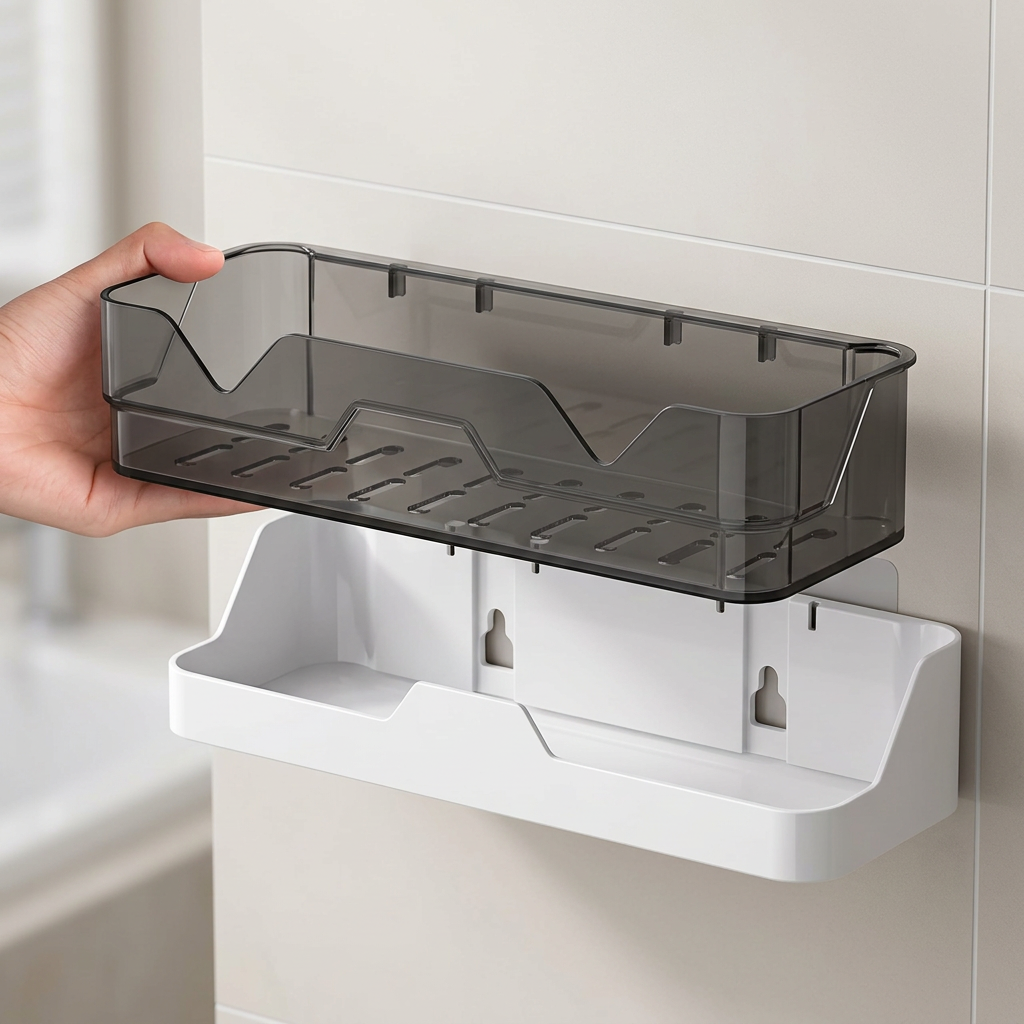Removable smoky-grey basket lifted from the bathroom shelf base