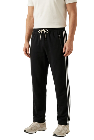 AI-generated studio styling of black side-stripe track pants.