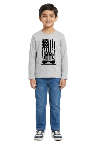 Boy wearing a grey full-sleeve truck graphic T-shirt on a white background.