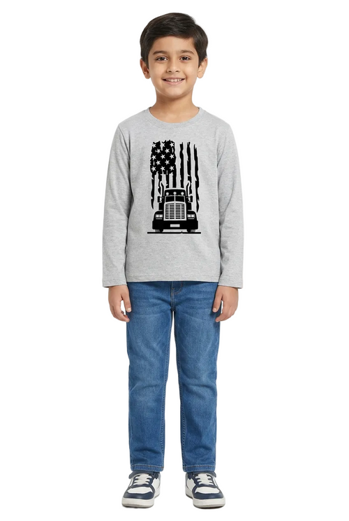 Boy wearing a grey full-sleeve truck graphic T-shirt on a white background.
