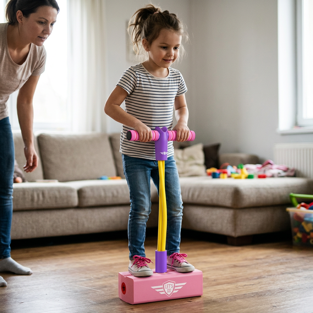 AI-generated illustration of a child using a foam pogo jumper with a parent nearby