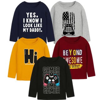 Five boys’ printed full-sleeve T-shirts arranged on a white background.