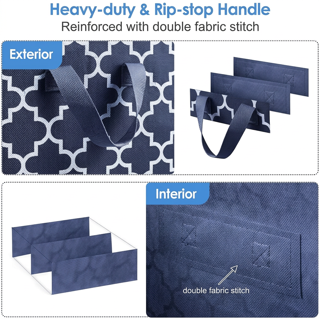 Close-up views of the heavy-duty rip-stop handle, exterior fabric, and interior stitching