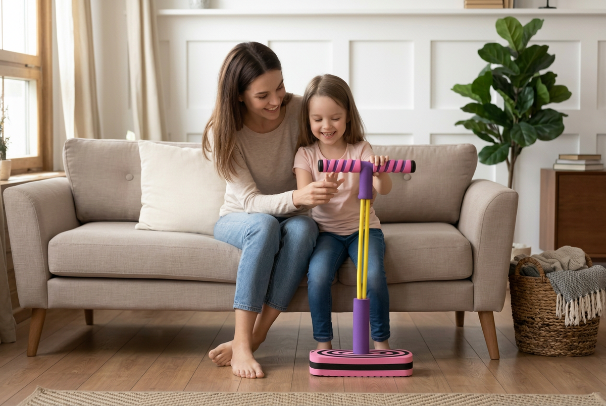 AI-generated illustration of a mother and daughter sharing a playful moment with a foam pogo jumper
