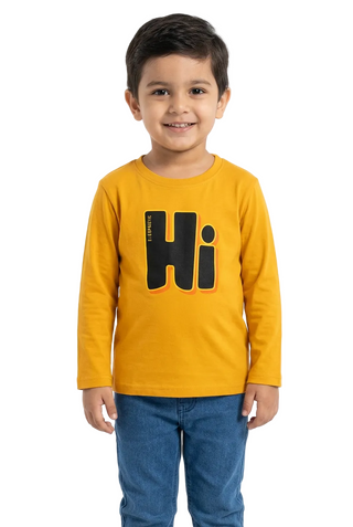 Boy wearing a yellow full-sleeve Hi graphic T-shirt on a white background.