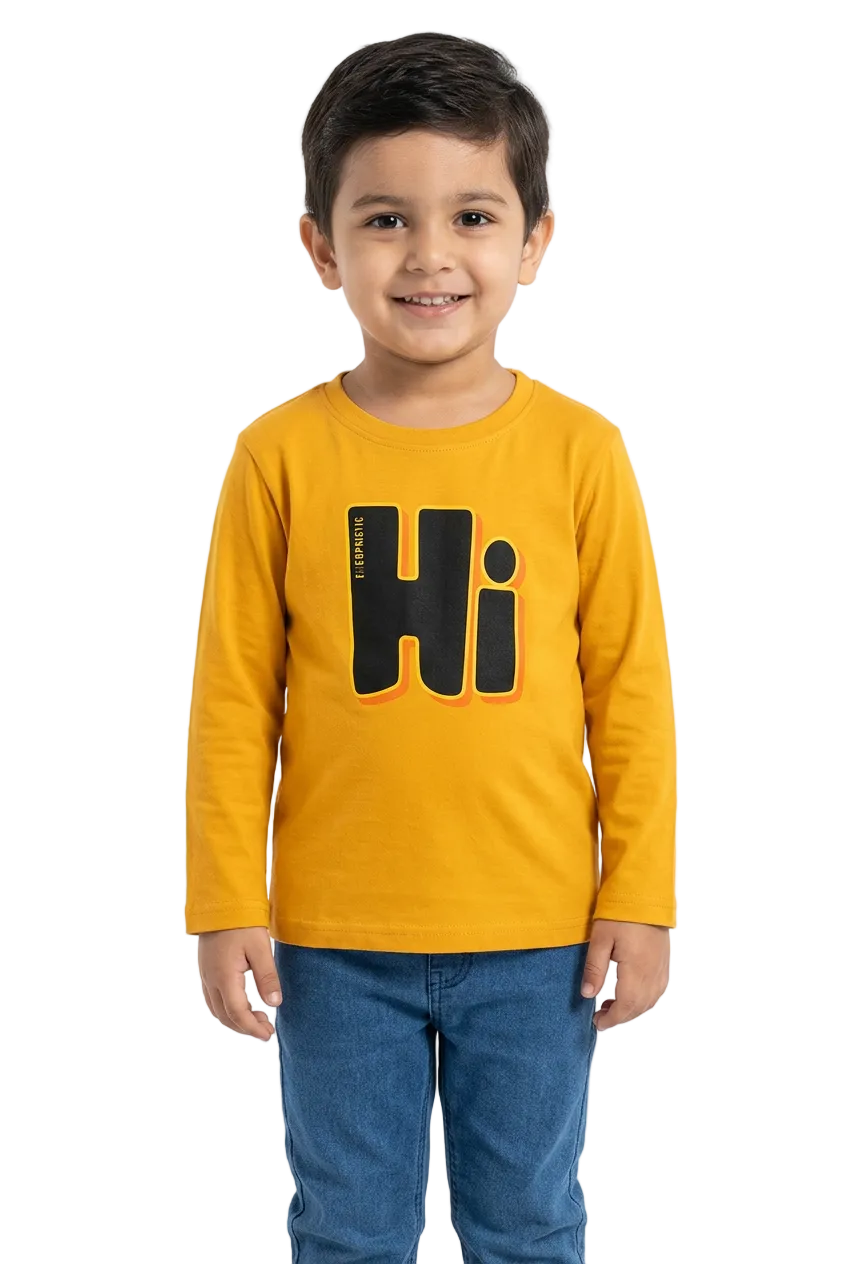 Boy wearing a yellow full-sleeve Hi graphic T-shirt on a white background.