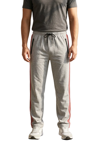 AI-generated indoor styling of gray track pants with red side stripes.
