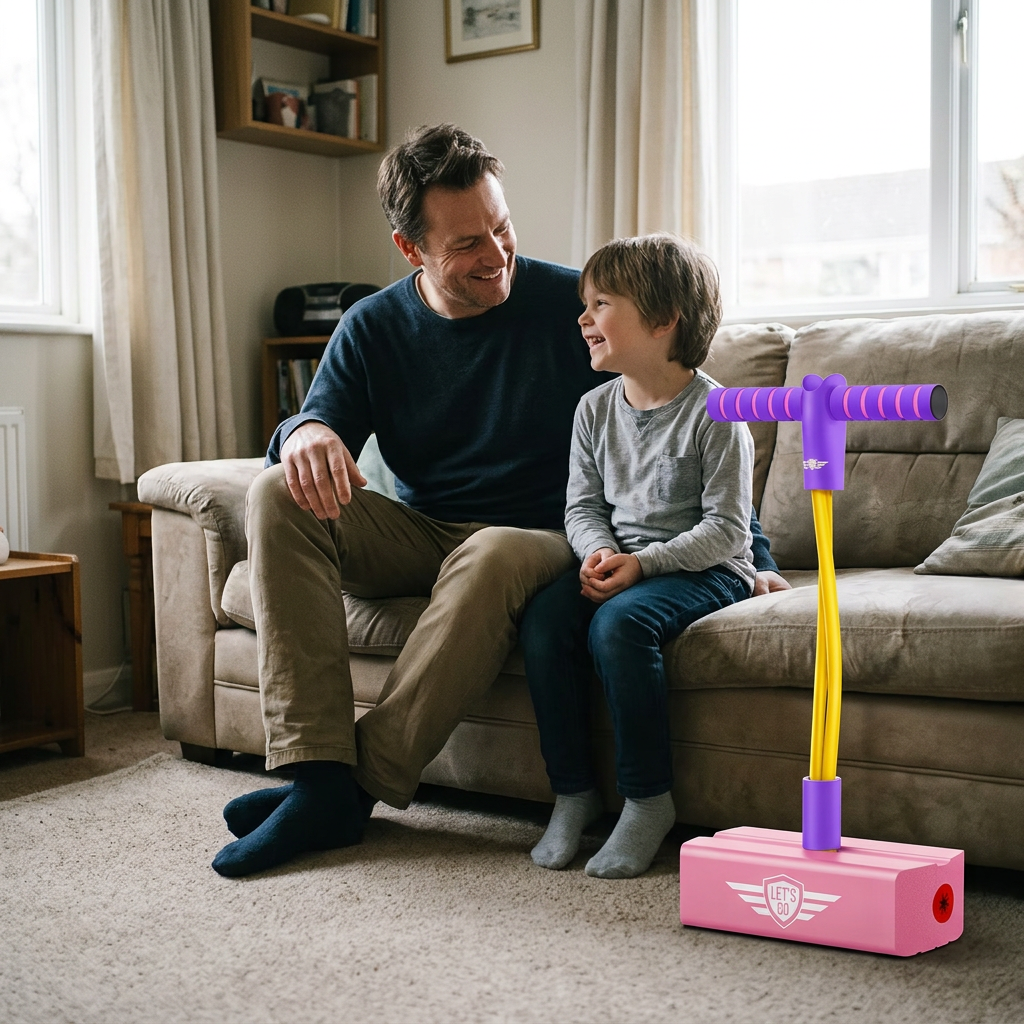 AI-generated illustration of a smiling child and parent beside a foam pogo jumper