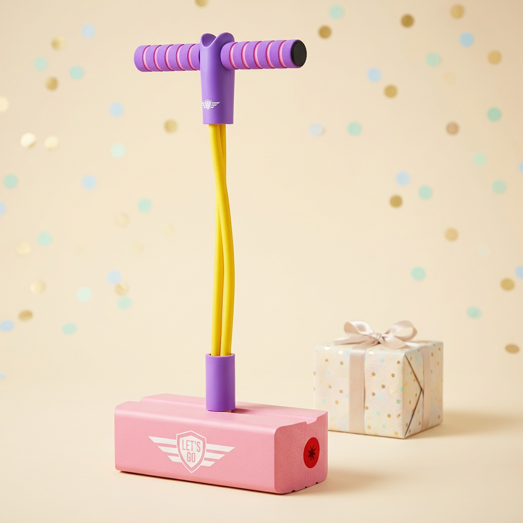 Pink foam pogo jumper in a pastel gift-themed setting