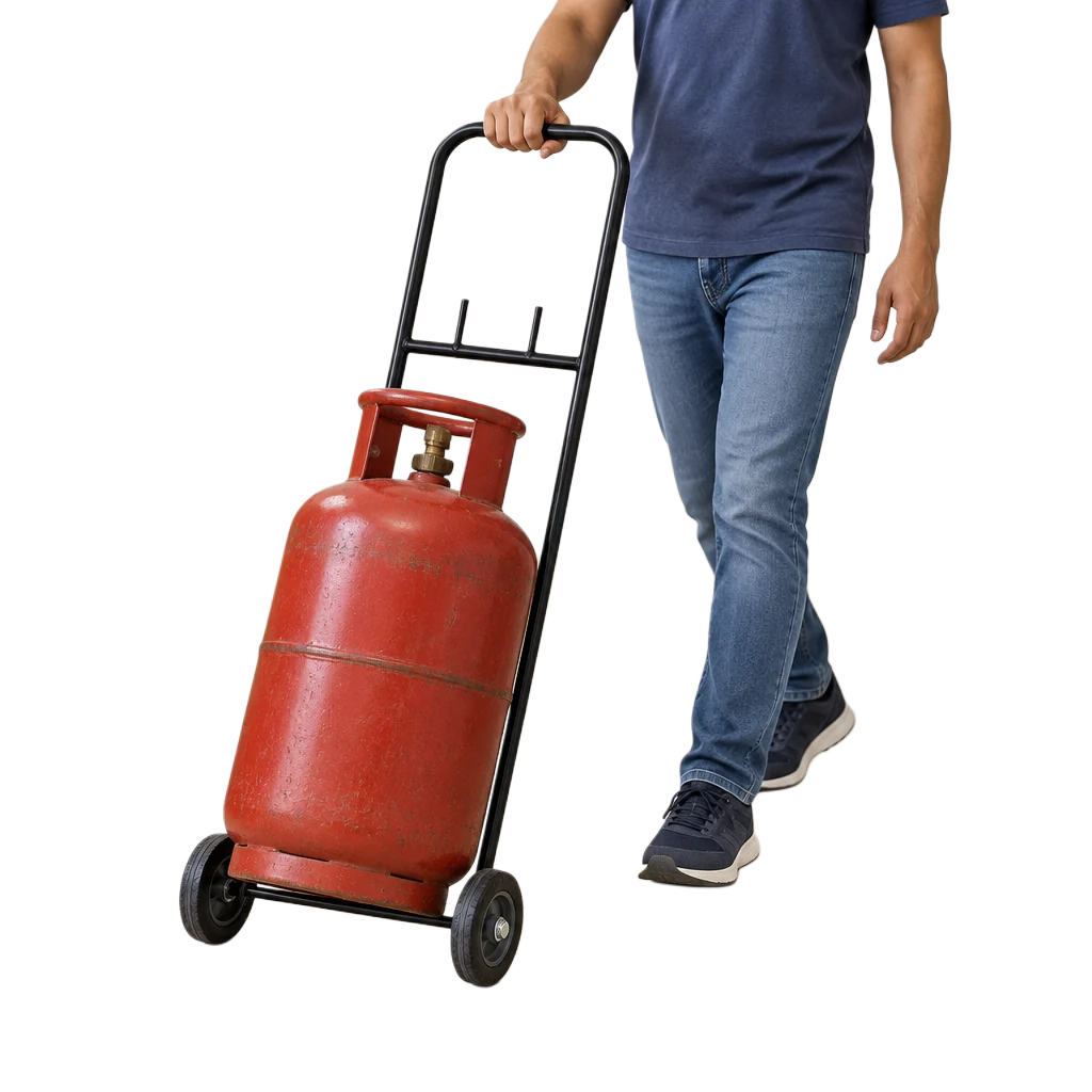 Black two-wheel LPG cylinder trolley with tall handle