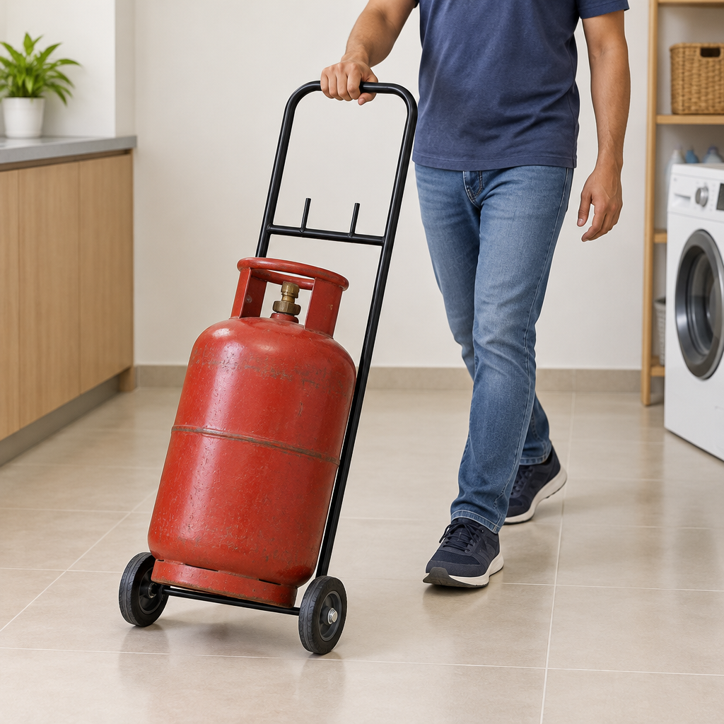 AI lifestyle illustration of a person moving an LPG cylinder with the black two-wheel trolley