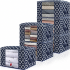 Stack of navy quilted-pattern storage bags with clear PVC fronts showing folded clothes inside