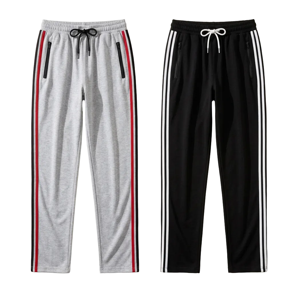 AI-generated flat-lay styling of black and gray side-stripe track pants.