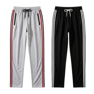 AI-generated flat-lay styling of black and gray side-stripe track pants.