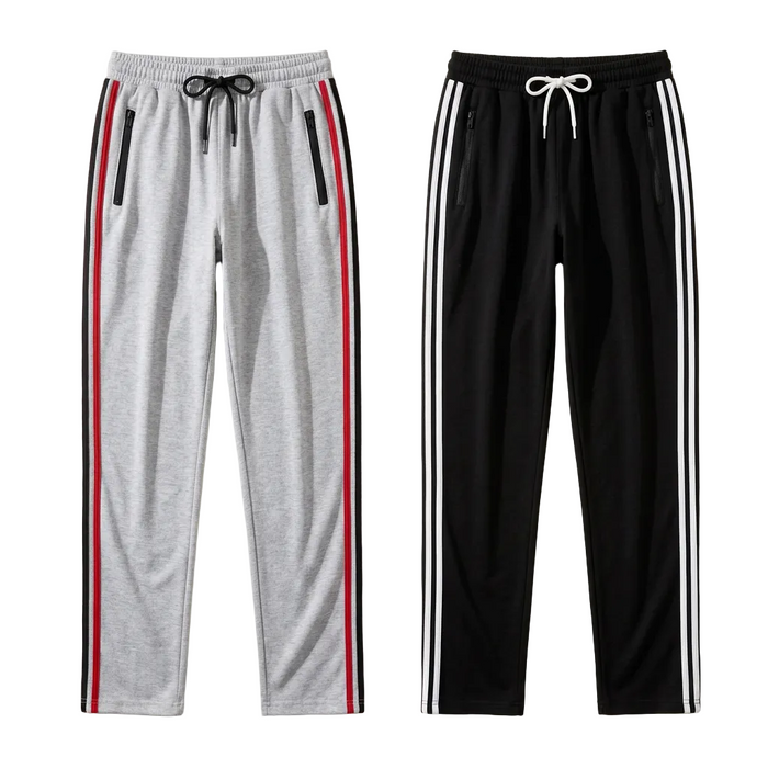 AI-generated flat-lay styling of black and gray side-stripe track pants.