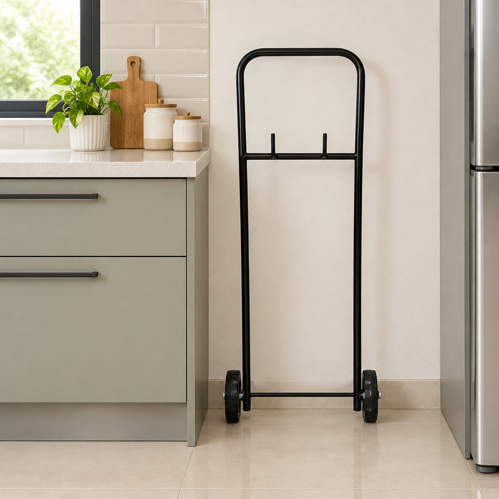 Black gas cylinder trolley in a kitchen setting
