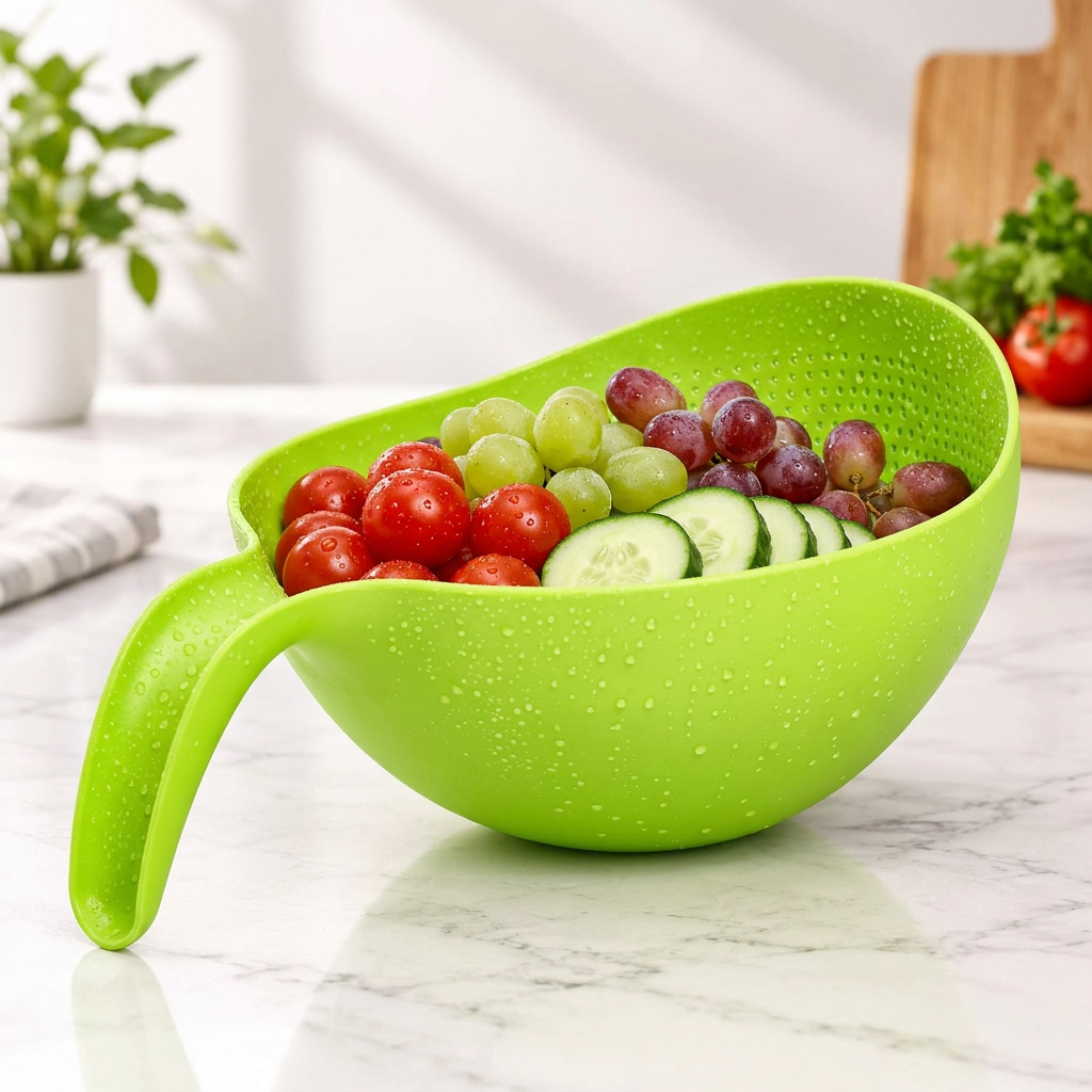 Green strainer bowl with fruits and vegetables