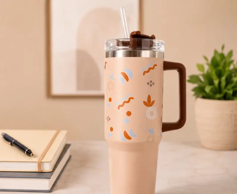 Cute Aesthetic Stainless Steel Handle Tumbler – Reusable Travel Cup with Straw for Hot & Cold Beverages