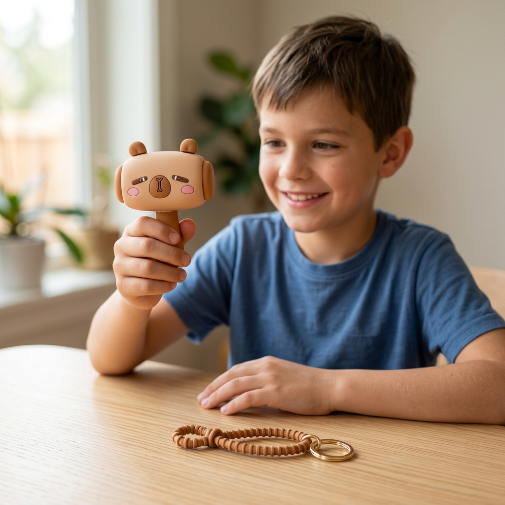 One child holding the cartoon hammer keychain