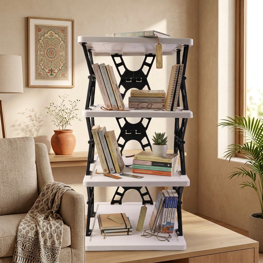Four-layer storage rack filled with small books and notebooks