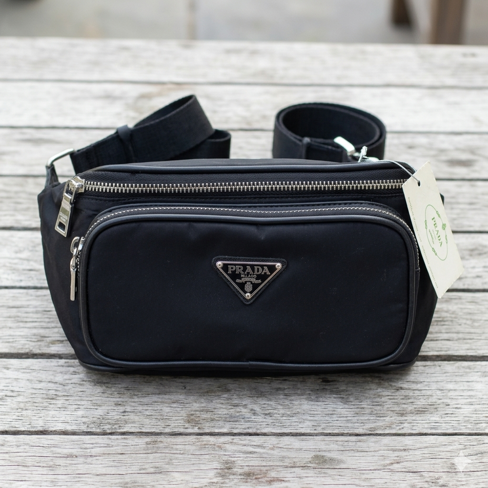 Tessuto Nylon Belt Bag – Black Luxury Waist Pouch with Authenticity Card