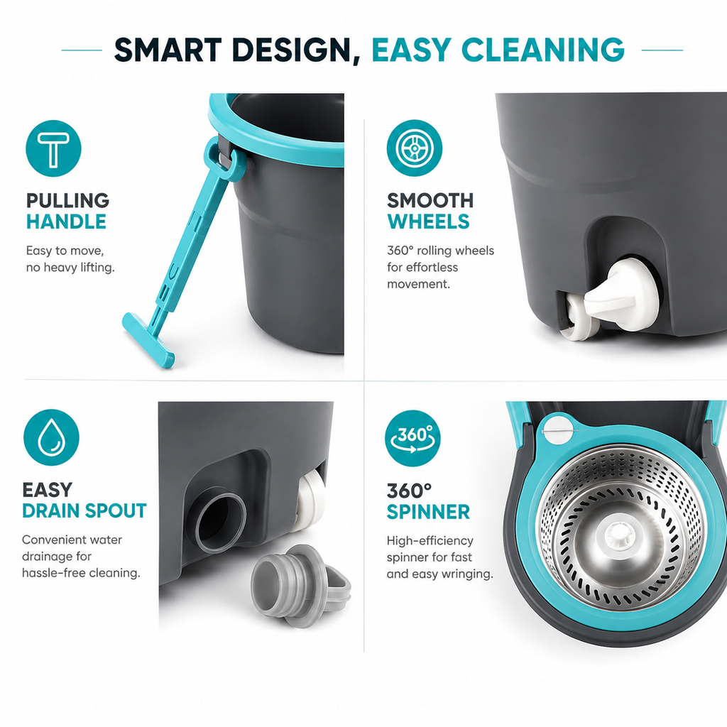 360° Spin Mop & Twin Bucket Floor Cleaning System | Microfiber Mop with 2 Refill Heads, Hands-Free Wringing & Easy Drain