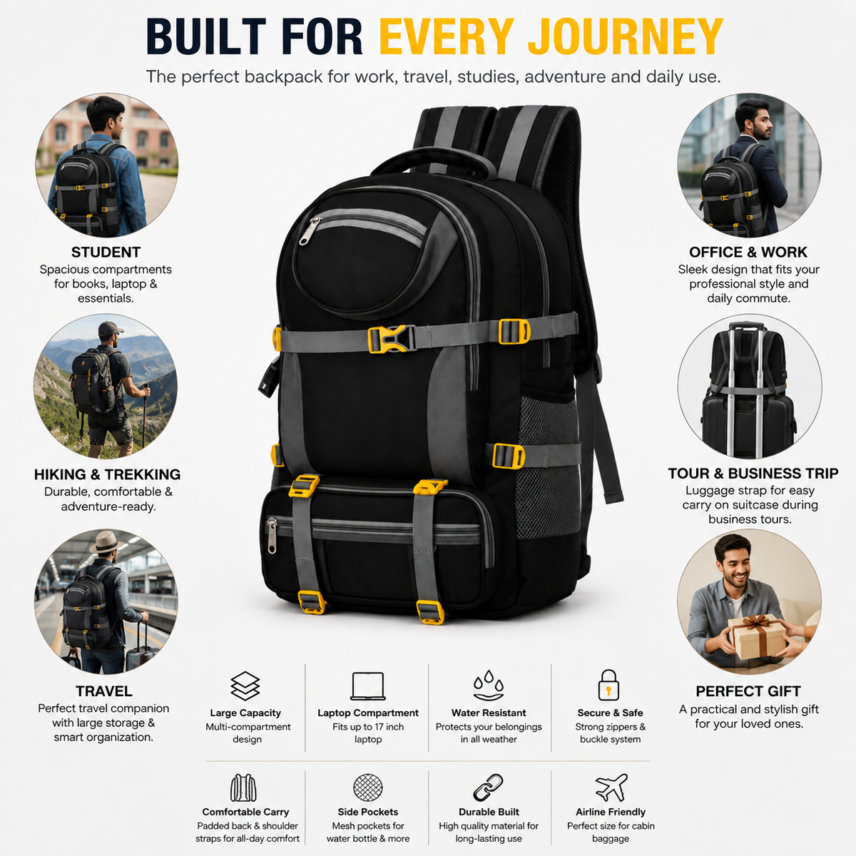 Water-Resistant Hiking & Trekking Backpack – Large Capacity Travel Rucksack with Laptop Compartment