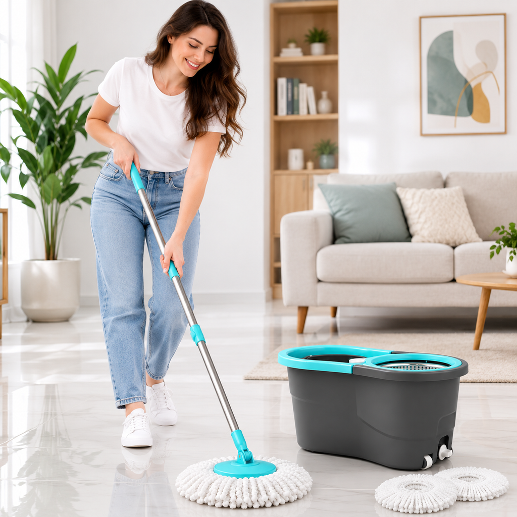360° Spin Mop & Twin Bucket Floor Cleaning System | Microfiber Mop with 2 Refill Heads, Hands-Free Wringing & Easy Drain