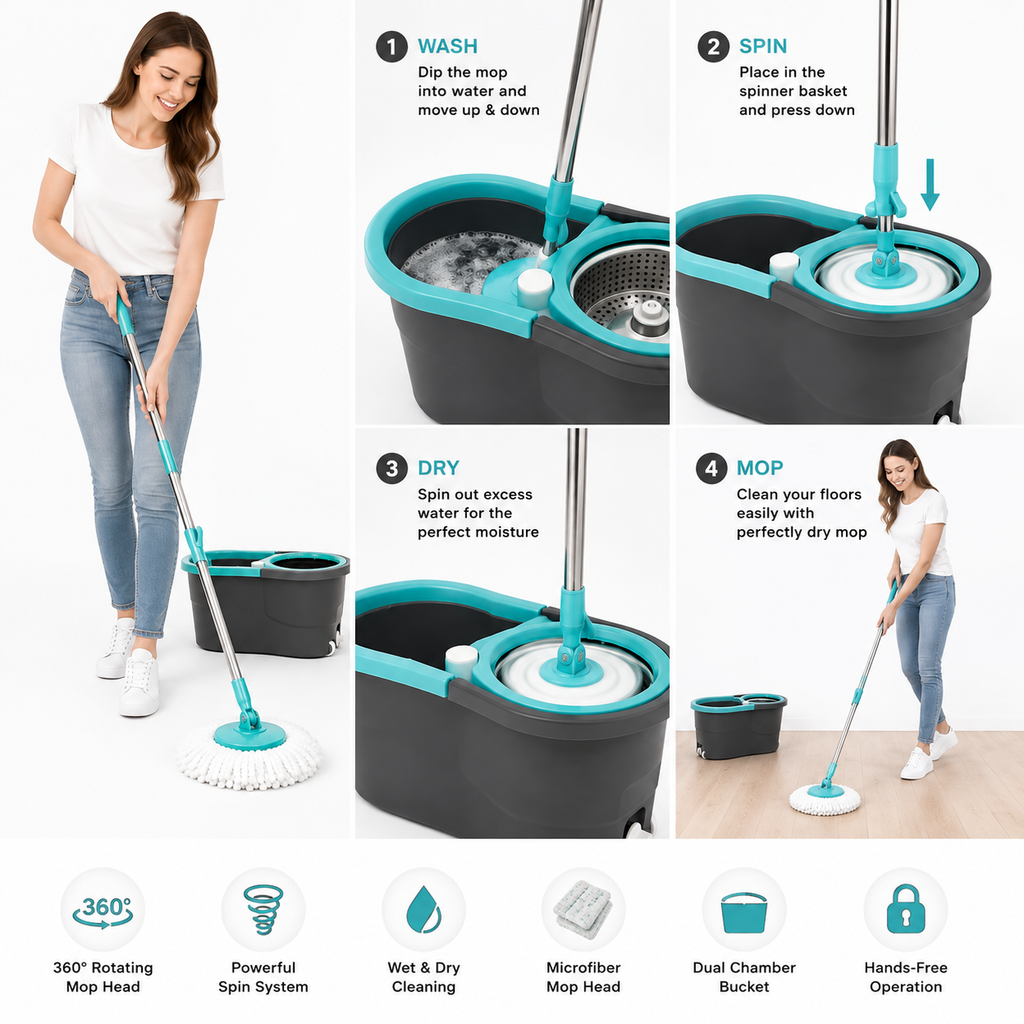 360° Spin Mop & Twin Bucket Floor Cleaning System | Microfiber Mop with 2 Refill Heads, Hands-Free Wringing & Easy Drain