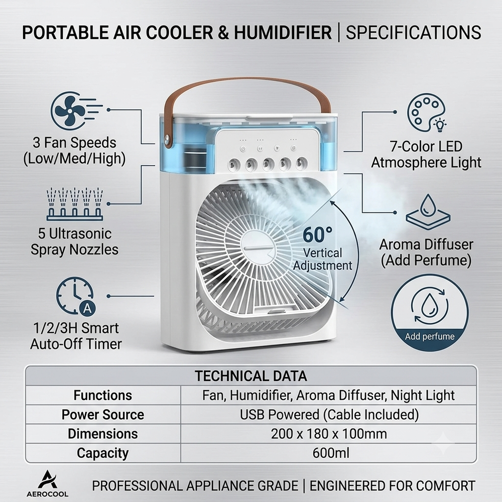 Portable Air Cooler Fan & 5-Mist Humidifier | Safe for Kids & Seniors