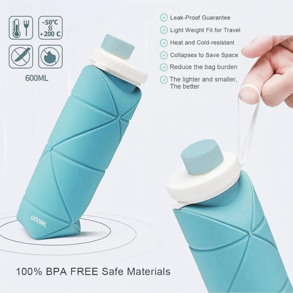 UltraFold™ 600ML Collapsible Silicone Water Bottle – Leakproof, Travel-Ready Hydration