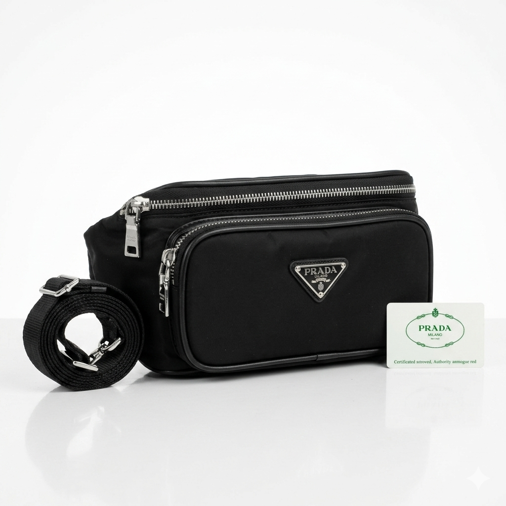 Tessuto Nylon Belt Bag – Black Luxury Waist Pouch with Authenticity Card
