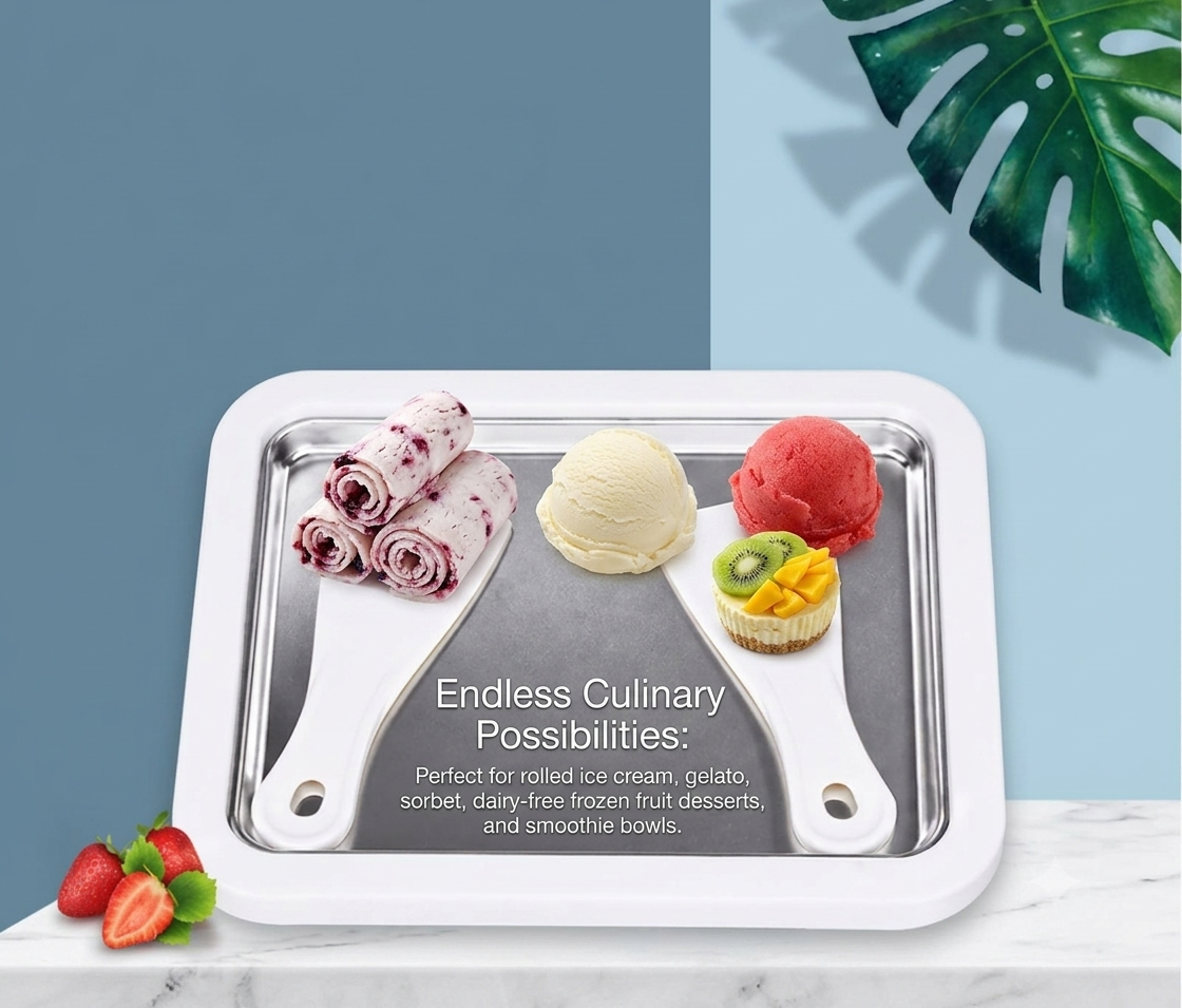 Rolled Ice Cream Maker Pan | Homemade Frozen Dessert Machine with 2 Spatulas for Ice Cream, Gelato & Yogurt